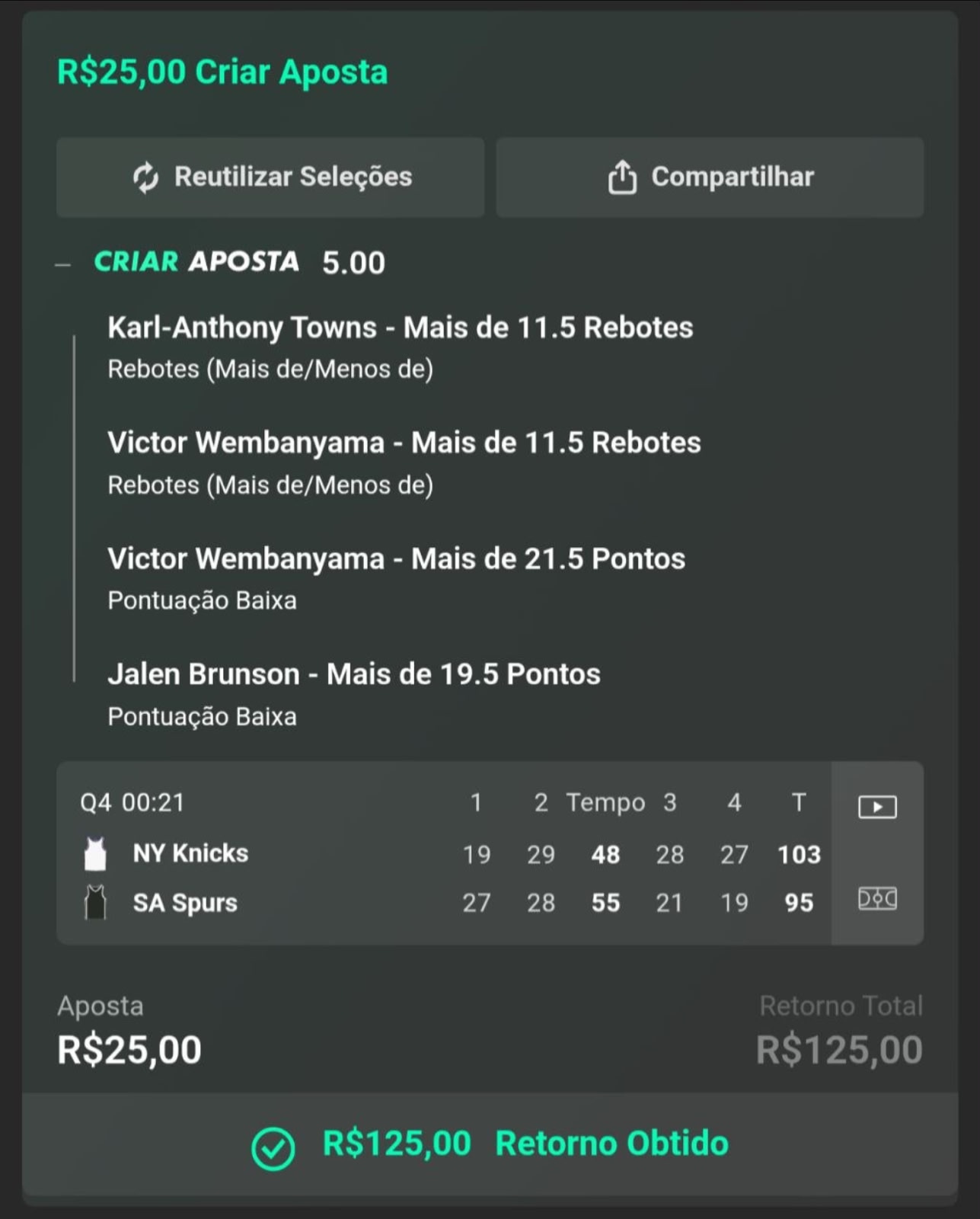 Criar aposta NBA: R$25 viraram R$125 de retorno obtido