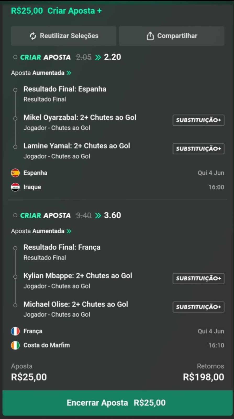 Múltipla de futebol Espanha e França: R$25 com retorno de R$198